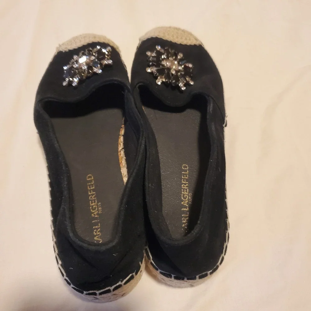 Karl Lagerfeld Paris Anja Black Suede Crystal Embellished Espadrille Flats 7M